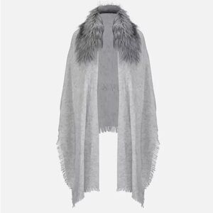 CAbi Light Gray Shawl with Faux Fur Trim NEW